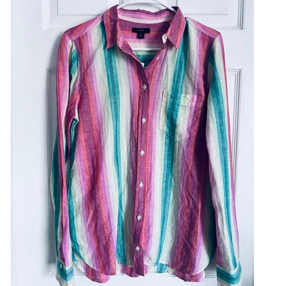 J. Crew Classic-fit shirt in rainbow stripe NWT size 10 linen cotton blend - Picture 1 of 4